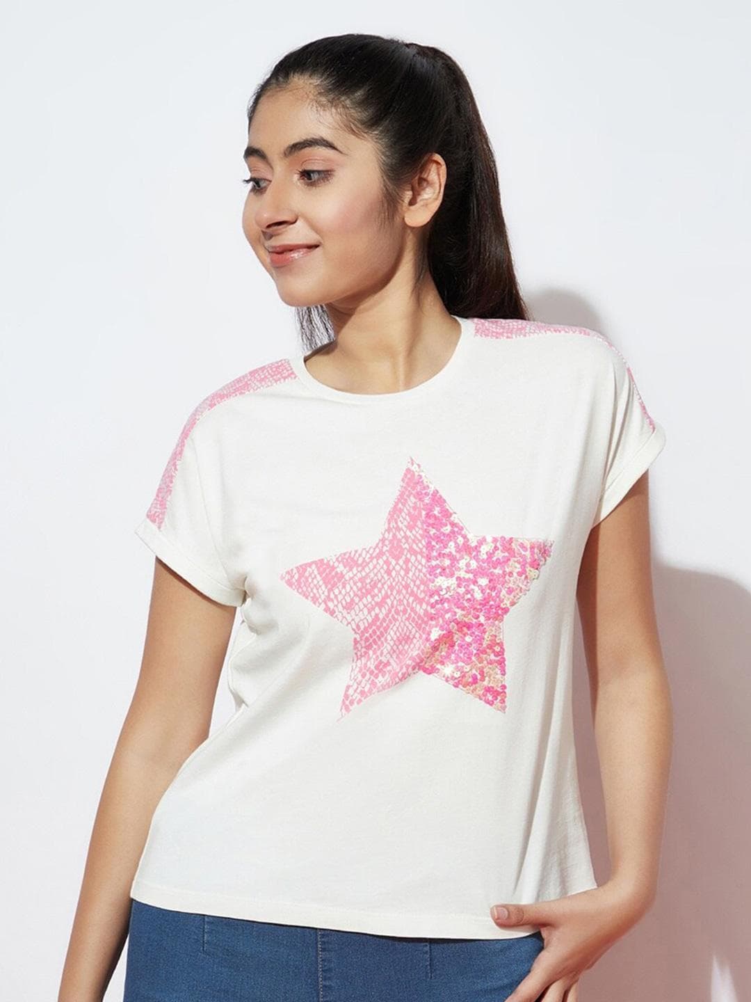 SPUNKIES Girls Conversational Printed Embellished Cotton T-shirt