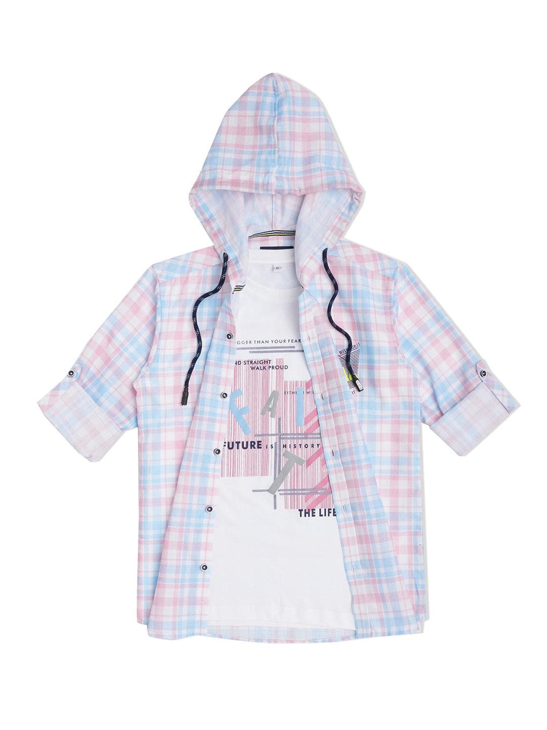CAVIO Boys Smart Fit Hooded Tartan Checked Opaque Casual Shirt With A T-shirt