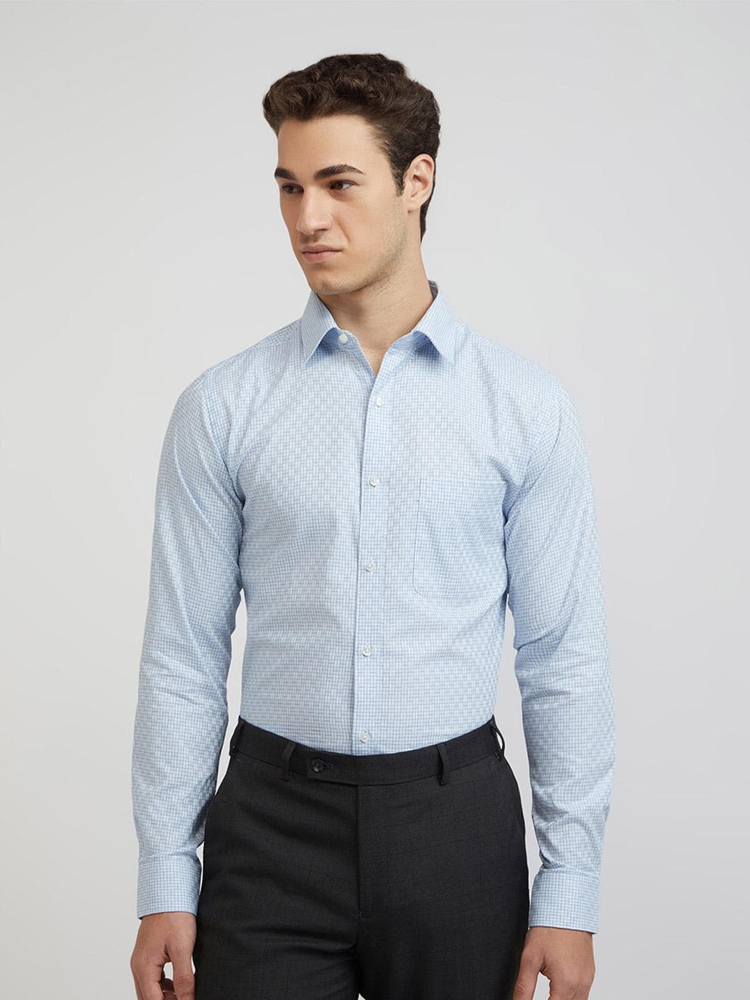Raymond Men Pure Cotton Slim Fit Grid Tattersall Checks Opaque Formal Shirt