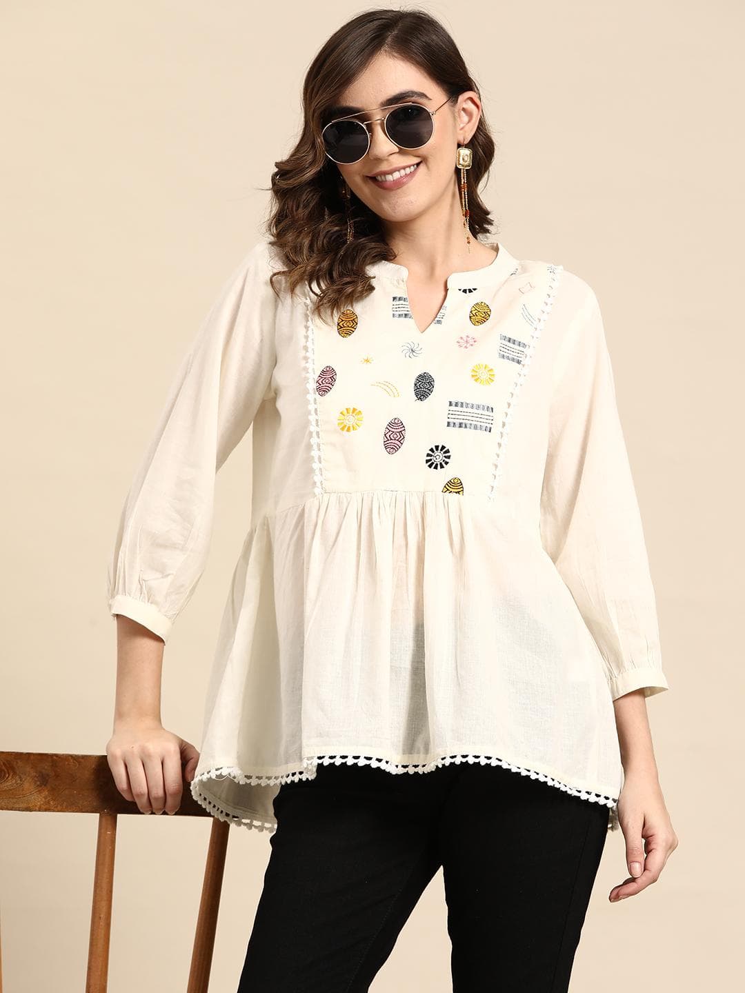 Sangria Ethnic Motifs Yoke Design Pure Cotton Short Kurti