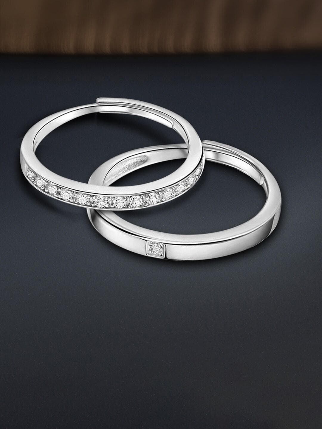 Peora Set Of 2 Silver-Plated AD-Studded Couple Adjustable Finger Rings