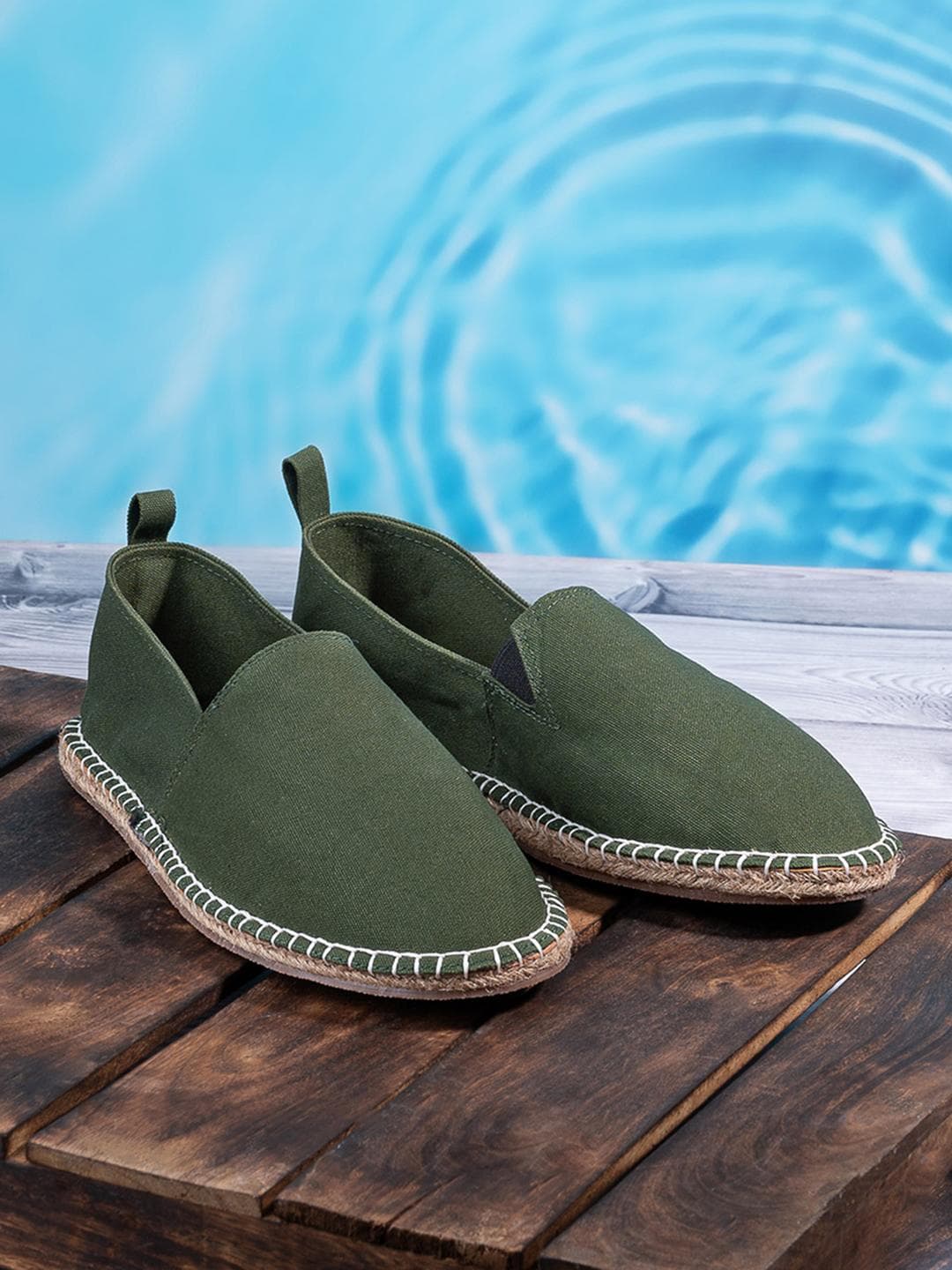 Styli Men Olive Green Solid Canvas Espadrille with Contrast Jute Sole