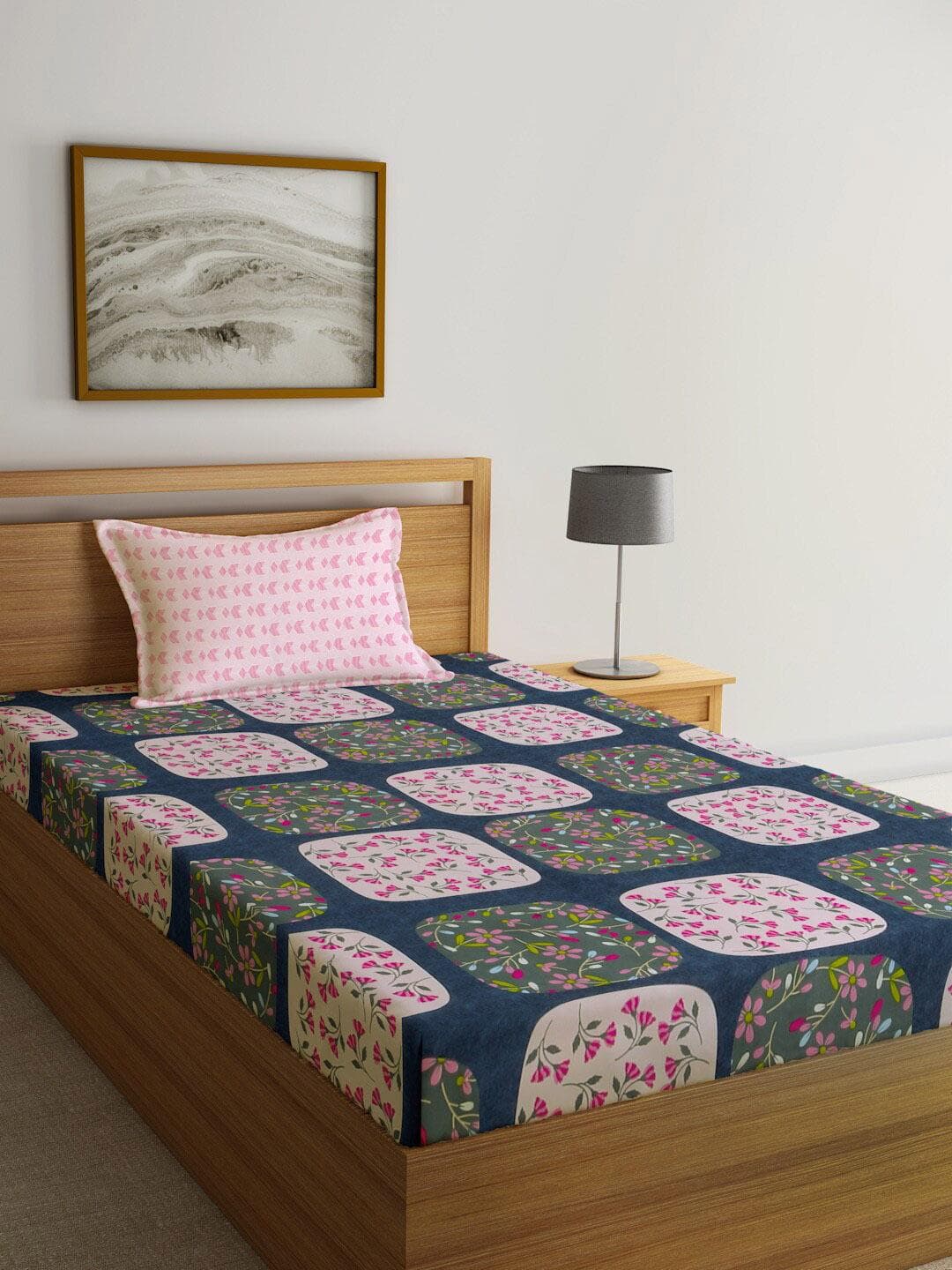 Buy KLOTTHE Blue Floral Cotton 300 TC Fitted Single Fine Bedsheet With A Pillow Cover 87 X 59 Inches - - Home for Unisex