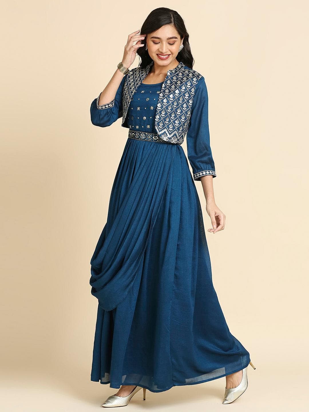 MADHURAM Embroidered Silk Satin Fit & Flare Maxi ethnic Dress With Jacket & Belt
