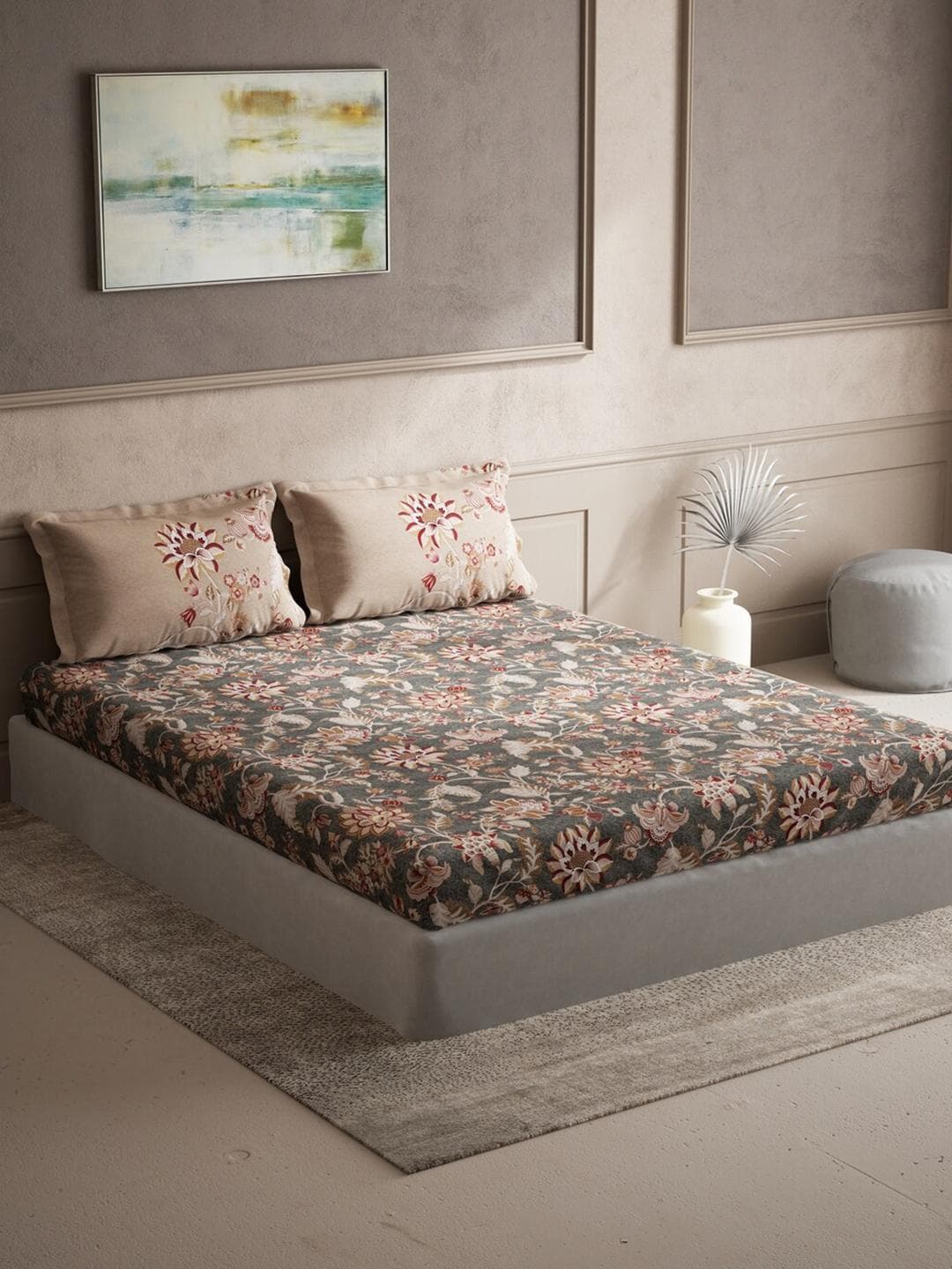 DDecor Grey Ethnic Motifs Cotton 140 TC Queen Bedsheet with 2 Pillow Covers-90 x 108 inches