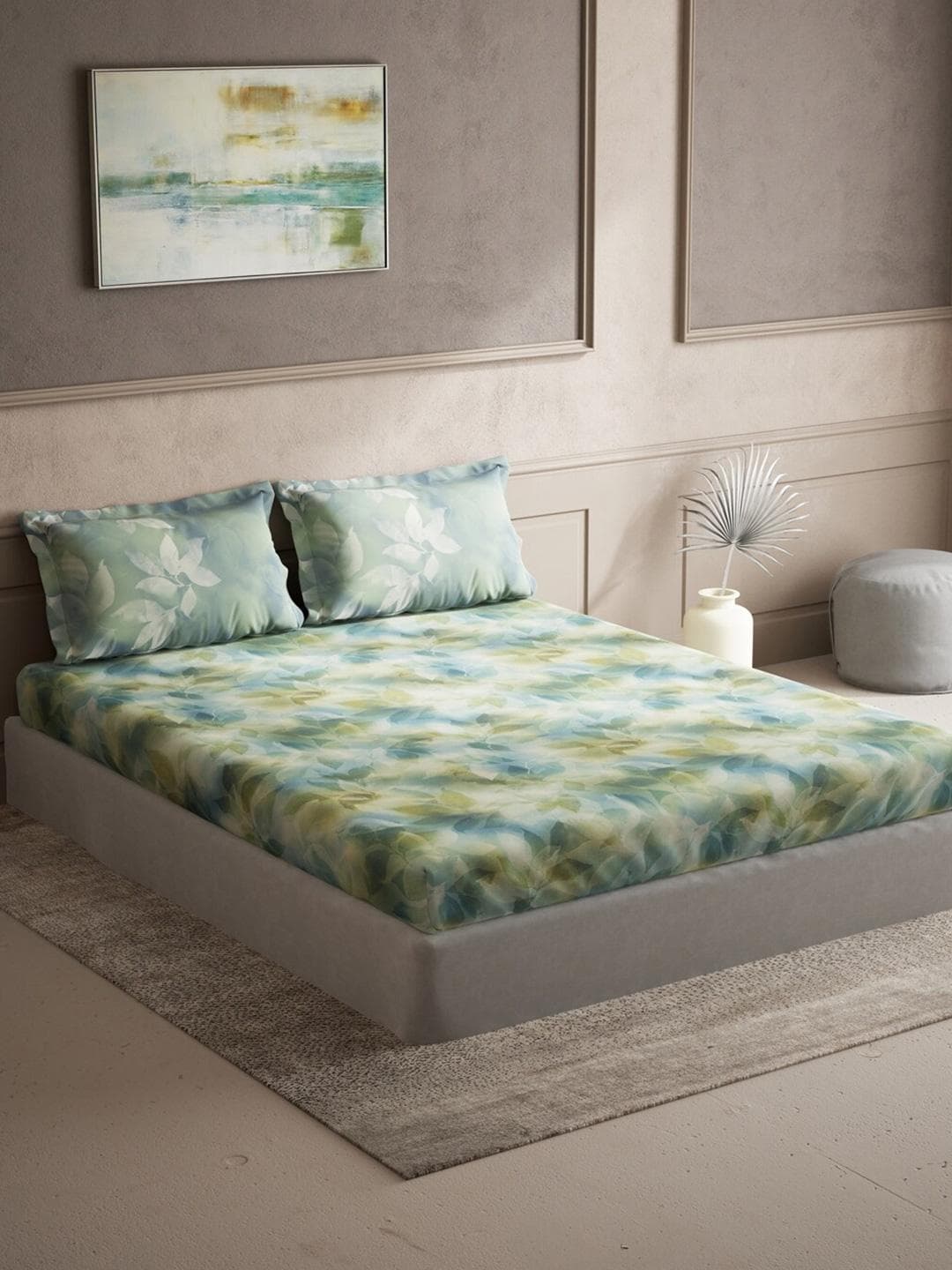 DDecor Live Beautiful Green Floral Cotton 140 TC Queen Bedsheet with 2 Pillow Covers-90 x 108 inches