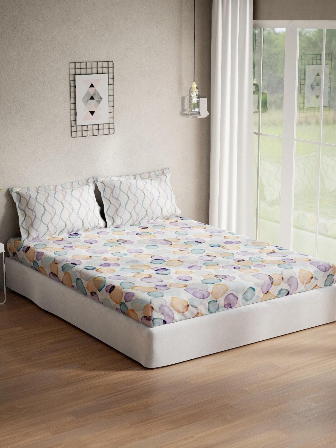 DDecor Optima Collection Blue Abstract Cotton 136TC Queen Bedsheet with 2 Pillow Covers