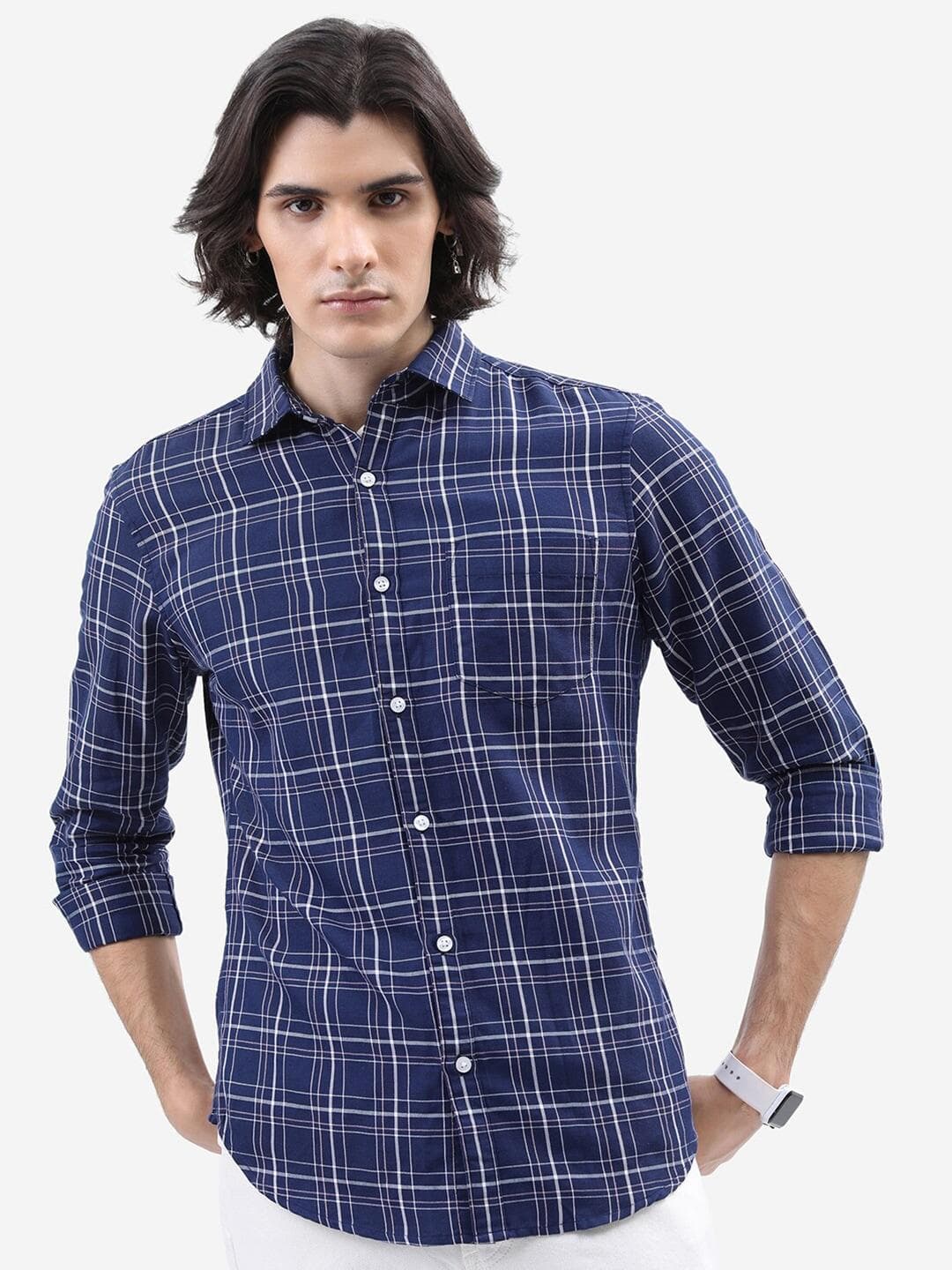 HIGHLANDER Navy Blue Tartan Checked Slim Fit Casual Shirt