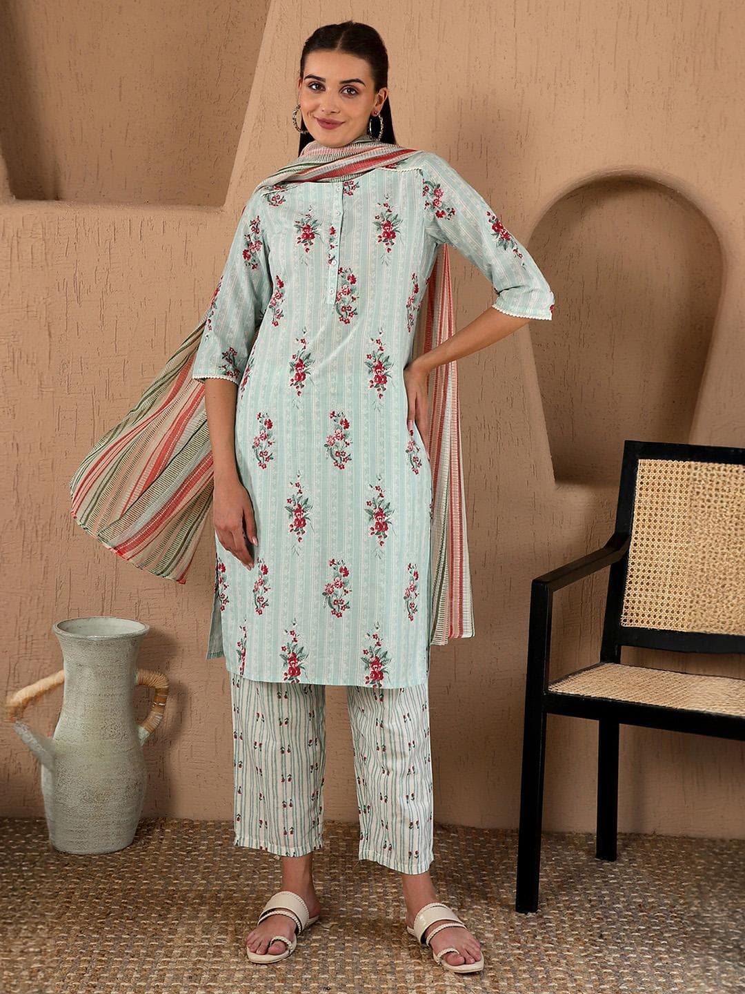 W Floral Print Cotton Kurta With Straight Pant & Dupatta
