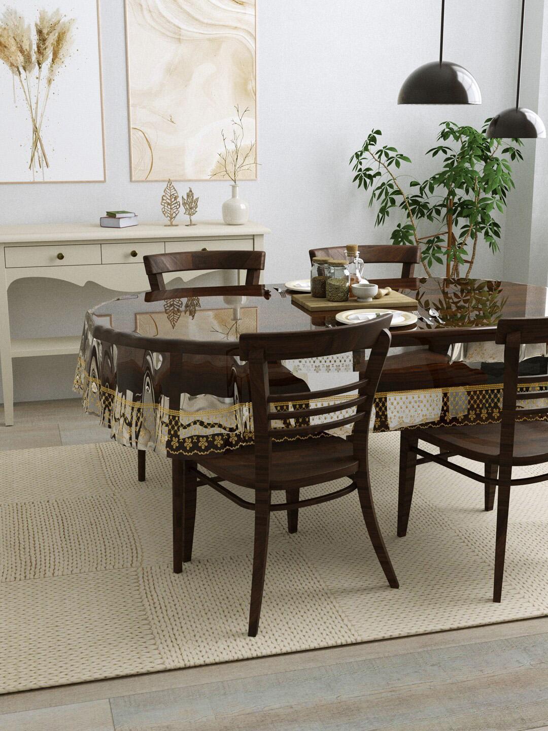 Buy Clasiko Transparent & Gold Toned Lace Detailed Oval 4 Seater Anti Slip Dining Table Cover - - Home for Unisex