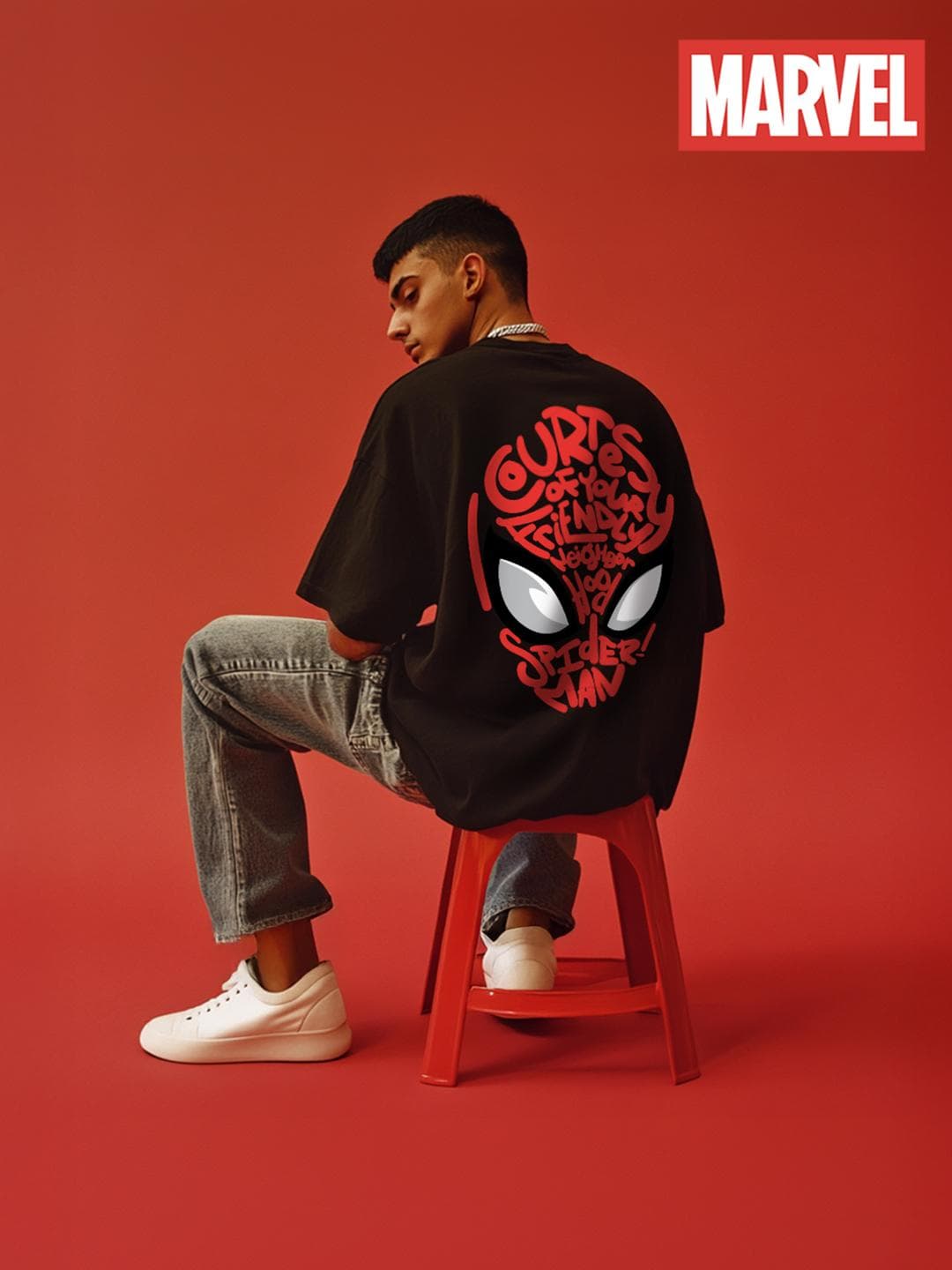 VEIRDO Marvel Black Spiderman Typography Printed Cotton Oversized T-shirt