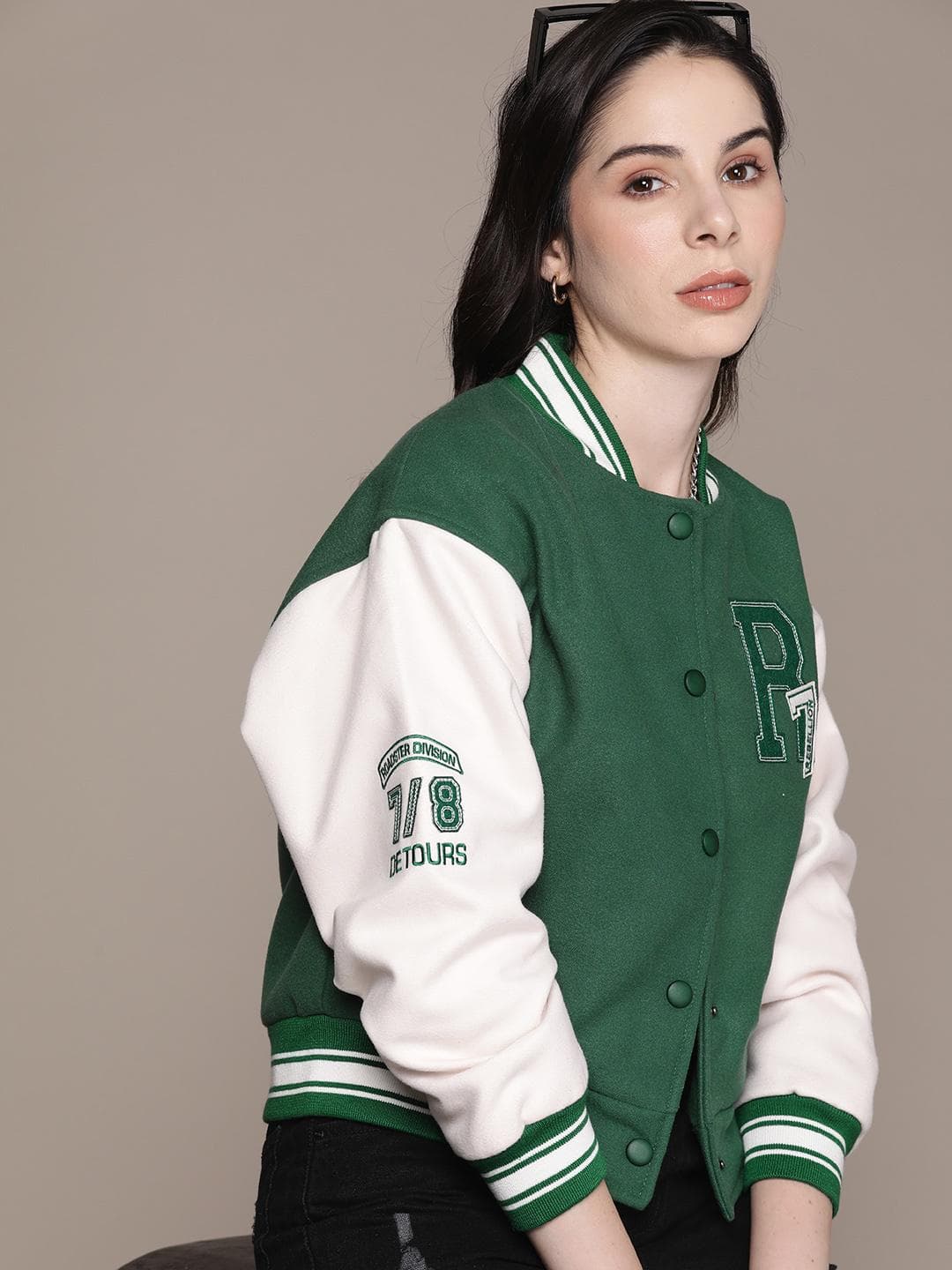 The Roadster Lifestyle Co. Solid Applique Detailed Drop-Shoulder Sleeves Varsity Jacket
