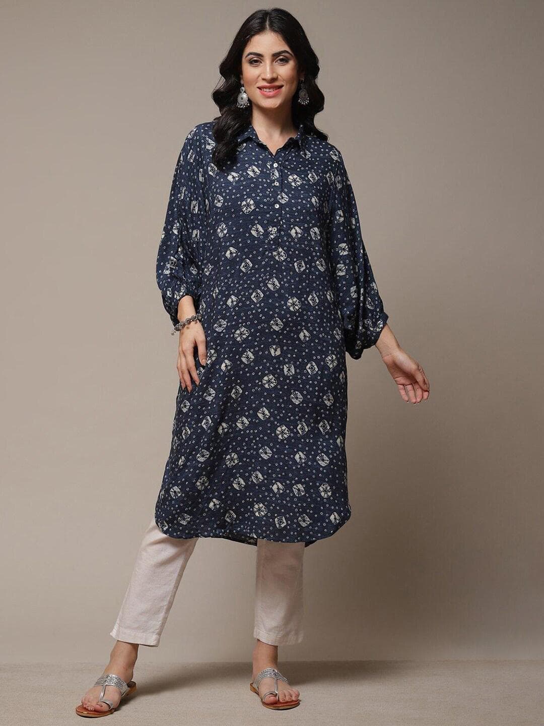 Biba Bandhani Printed Puff Sleeves Shirt Collar Kurta