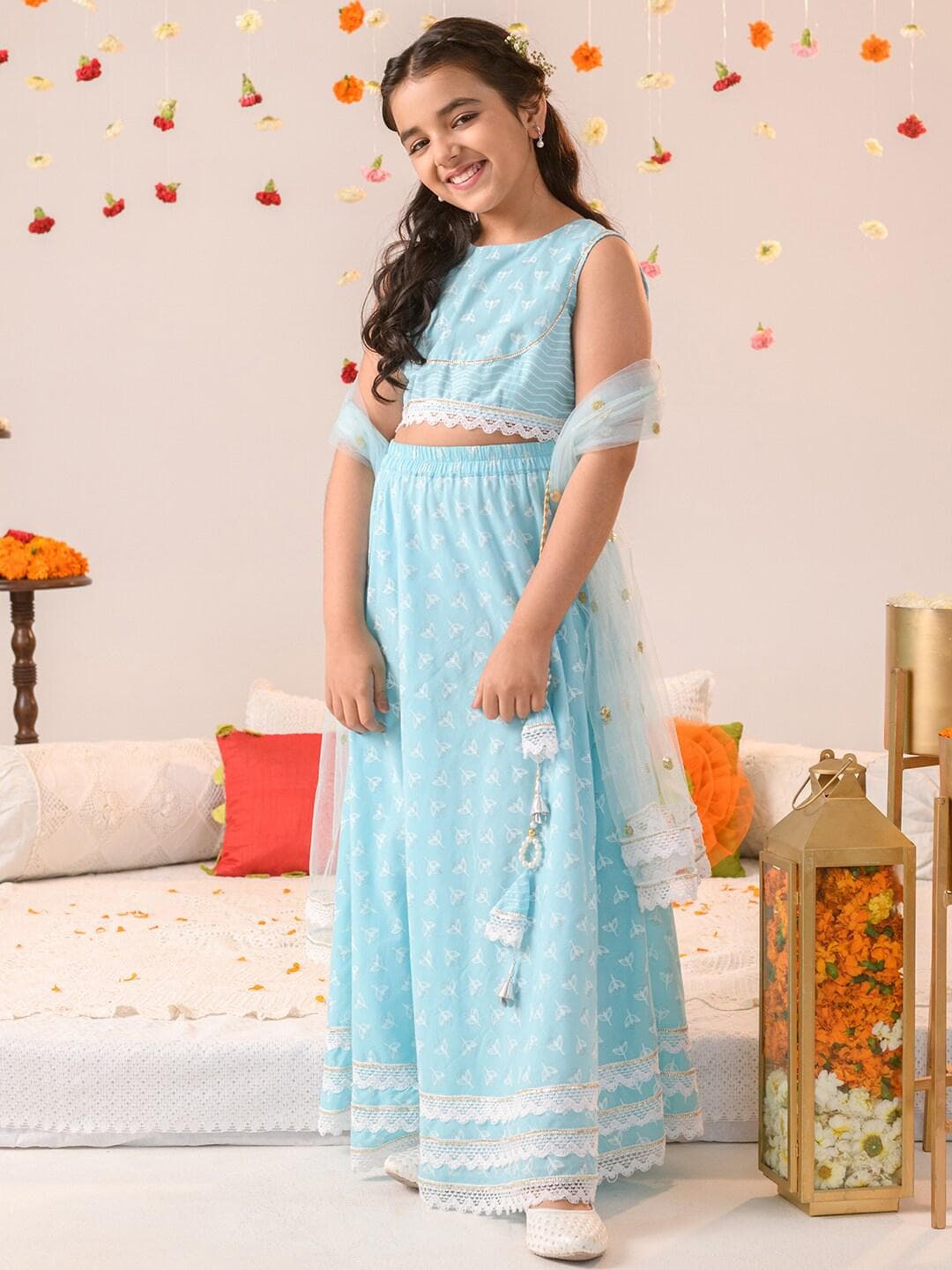 Pspeaches Girls Turquoise Booti Cotton Lehenga Choli Dupatta Set