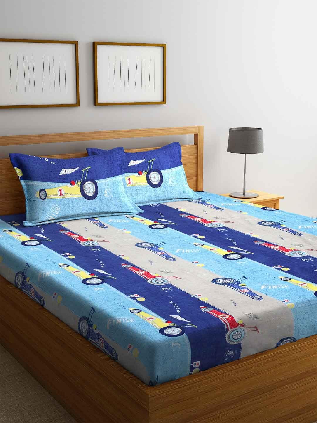 Buy FABINALIV Blue Cartoon Print Polycotton 300 TC Fitted King Bedsheet With 2 Pillow Covers - - Home for Unisex Kids