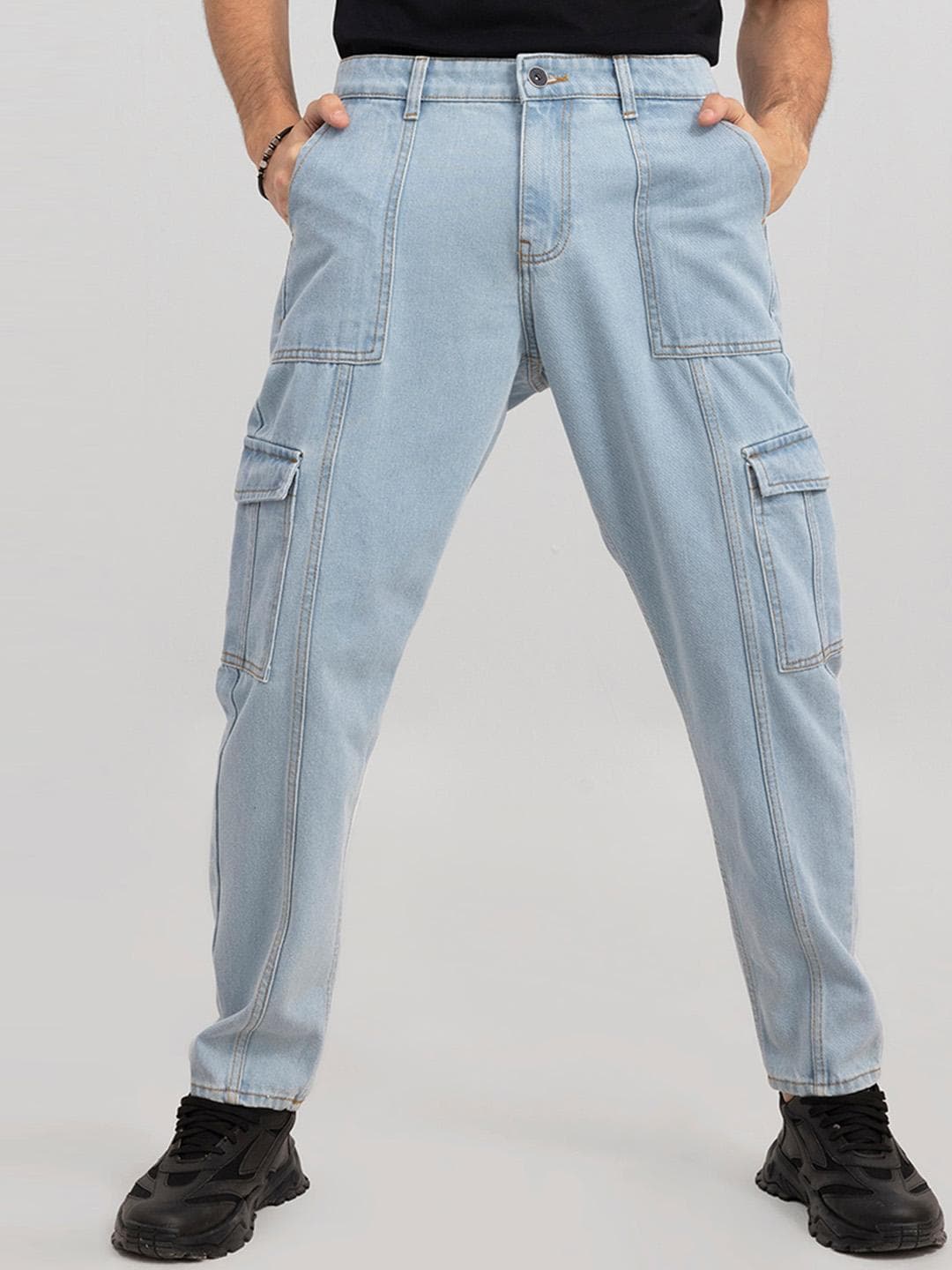 Snitch Men Blue Mid-Rise Clean Look Pure Cotton Baggy Stretchable Jeans