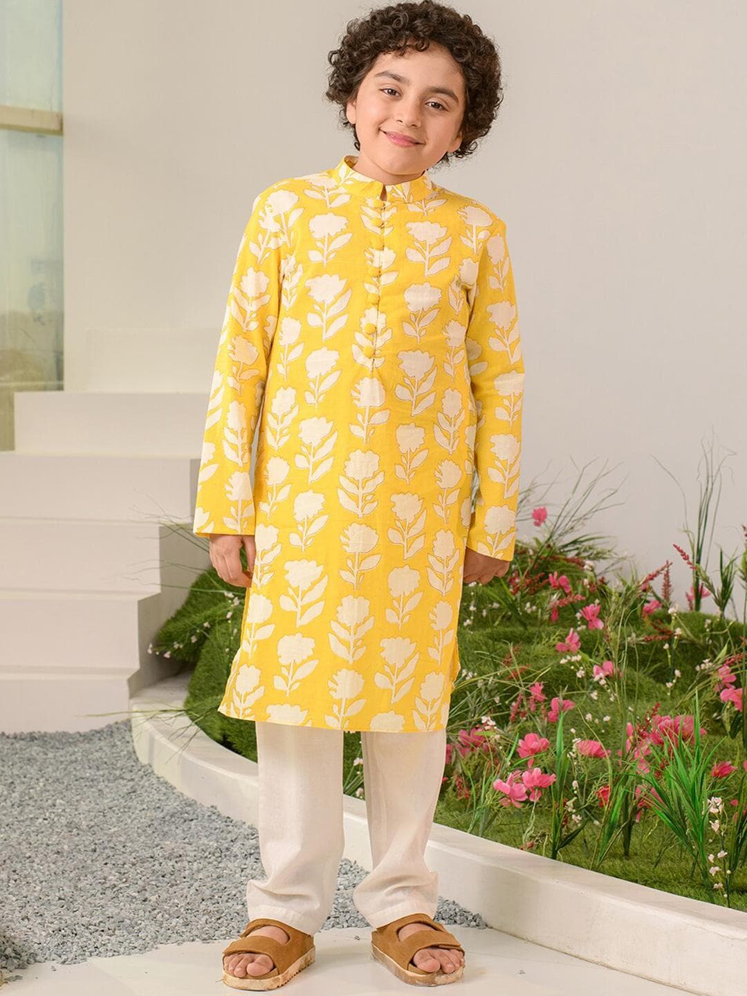 Pspeaches Boys Yellow And White Floral Cotton Kurta Pyjama Set