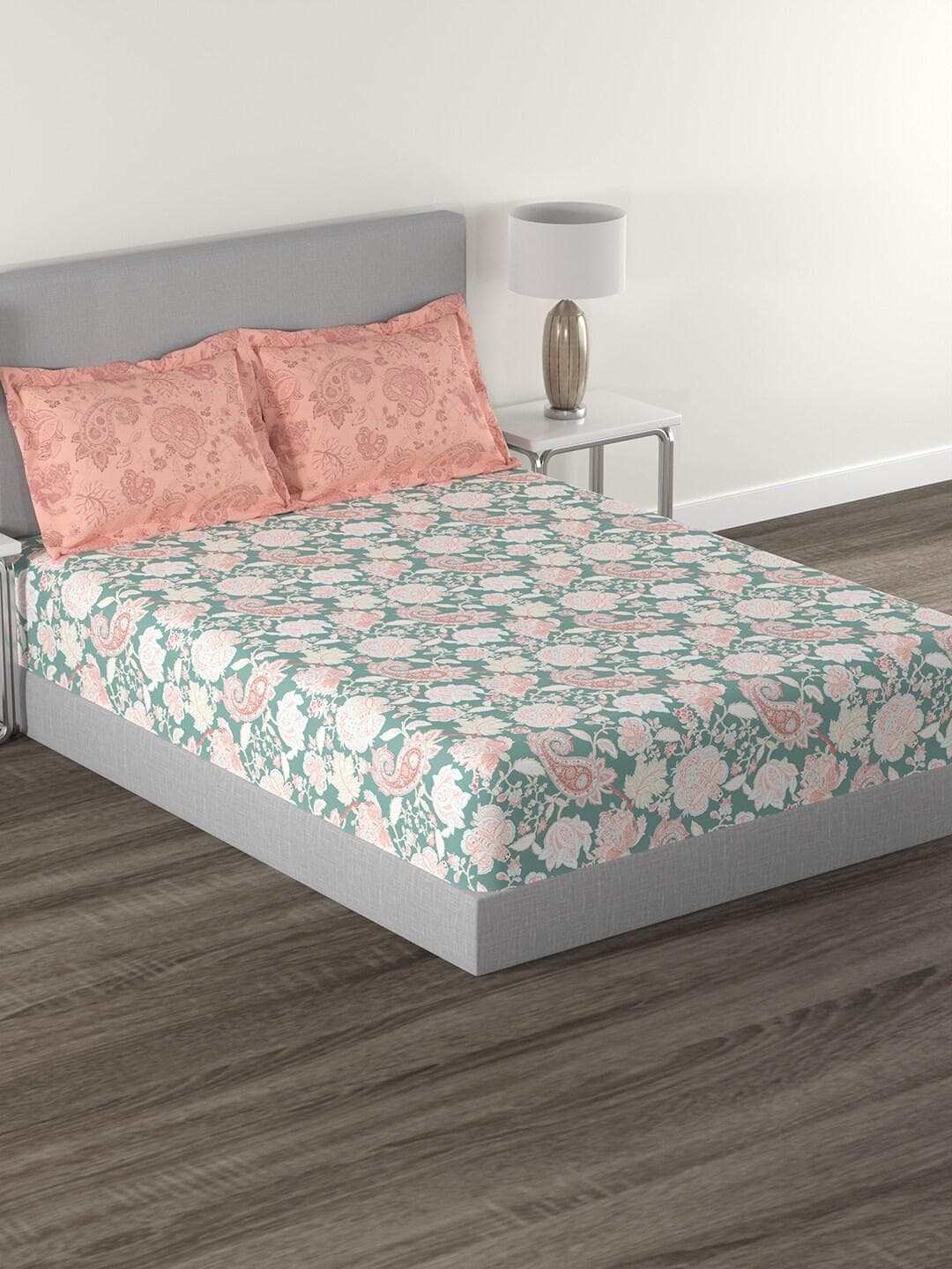 Buy MYTRIDENT Green White Ethnic Motifs Cotton 144 TC Queen Bedsheet With 2 Pillow Covers - - Home for Unisex