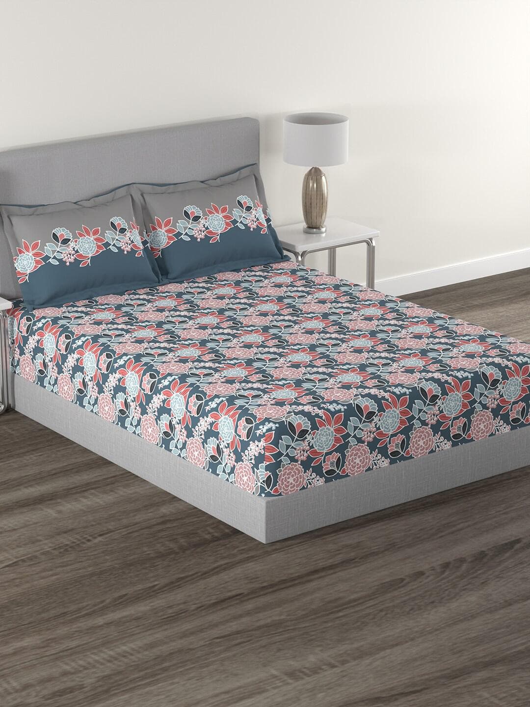 Buy MYTRIDENT Trident Blue Floral Pure Cotton Feather Soft 144 TC Queen Bedsheet With 2 Pillow Covers 90 X 100 Inches - - Home for Unisex