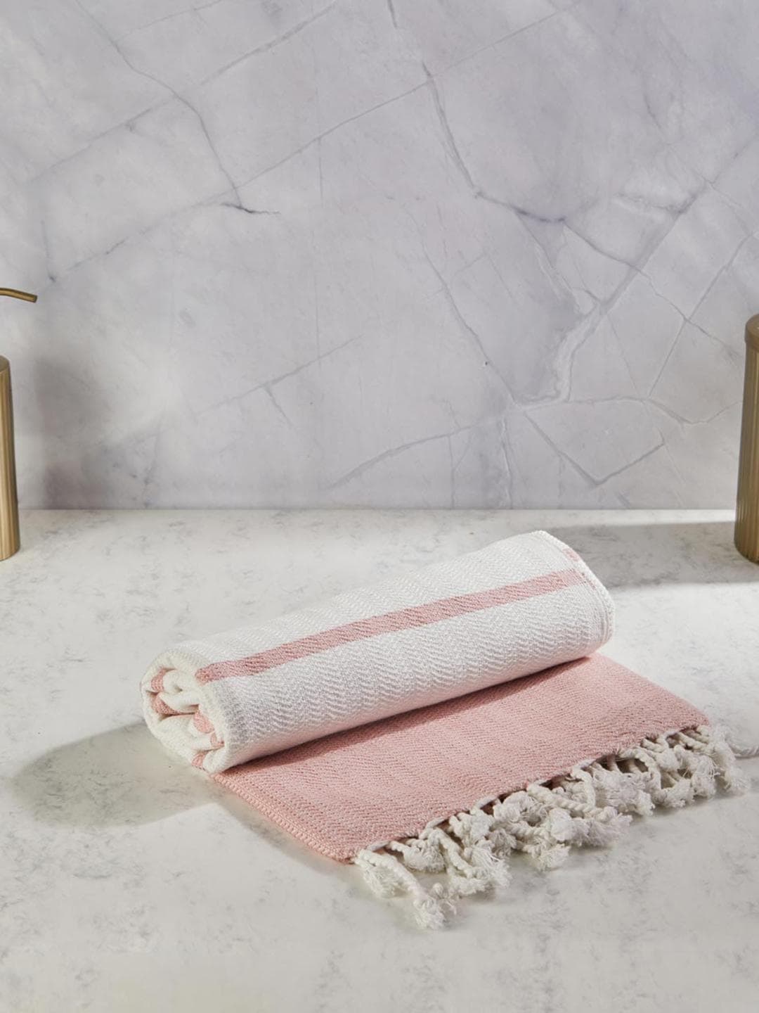 Fabindia Peach Striped Cotton 233GSM Super Soft Adult Regular Bath Towel-59x30In