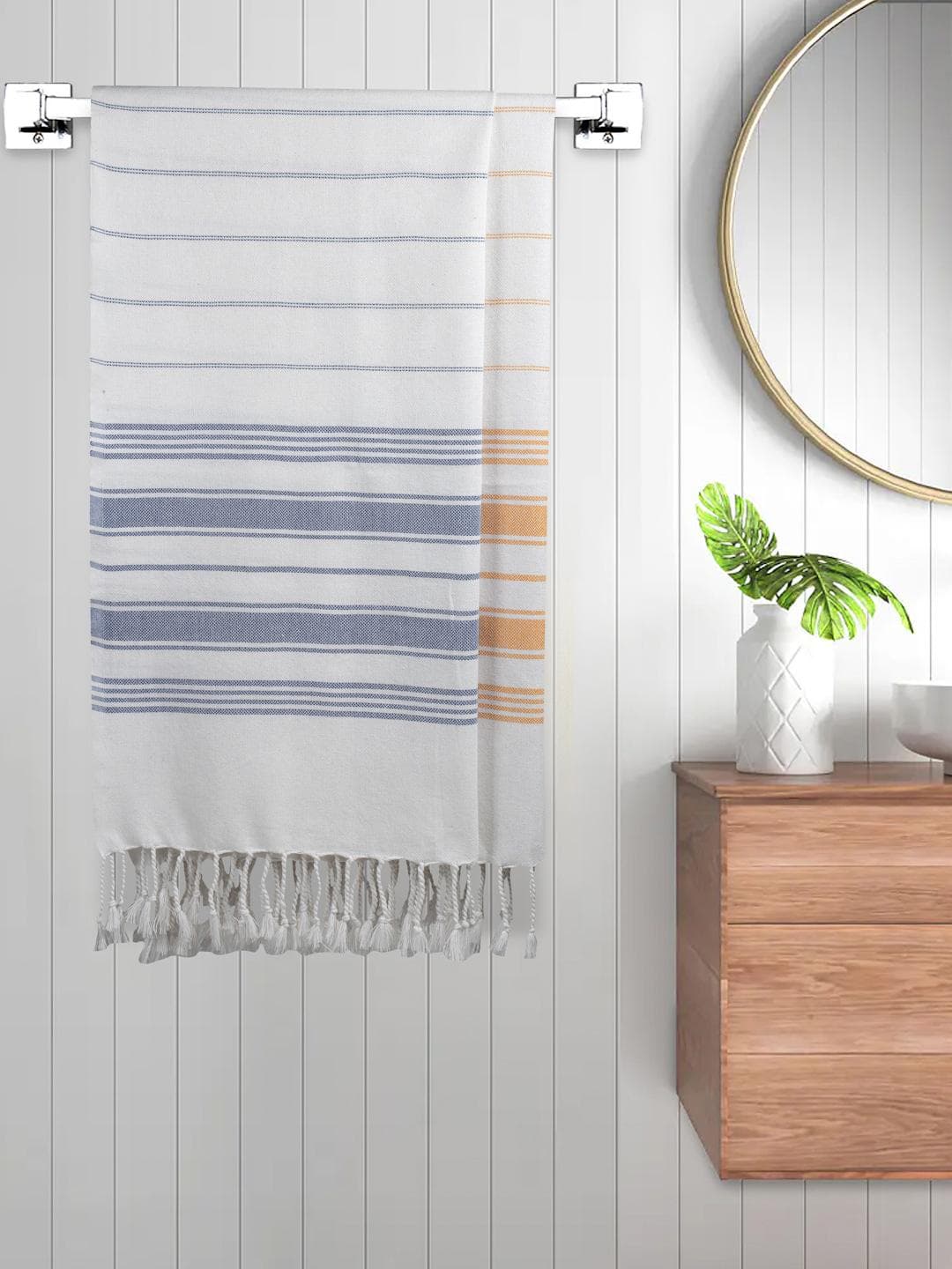 Buy FABINALIV Set Of 2 White & Blue Striped Printed 225 GSM Cotton Bath Towels - - Home for Unisex