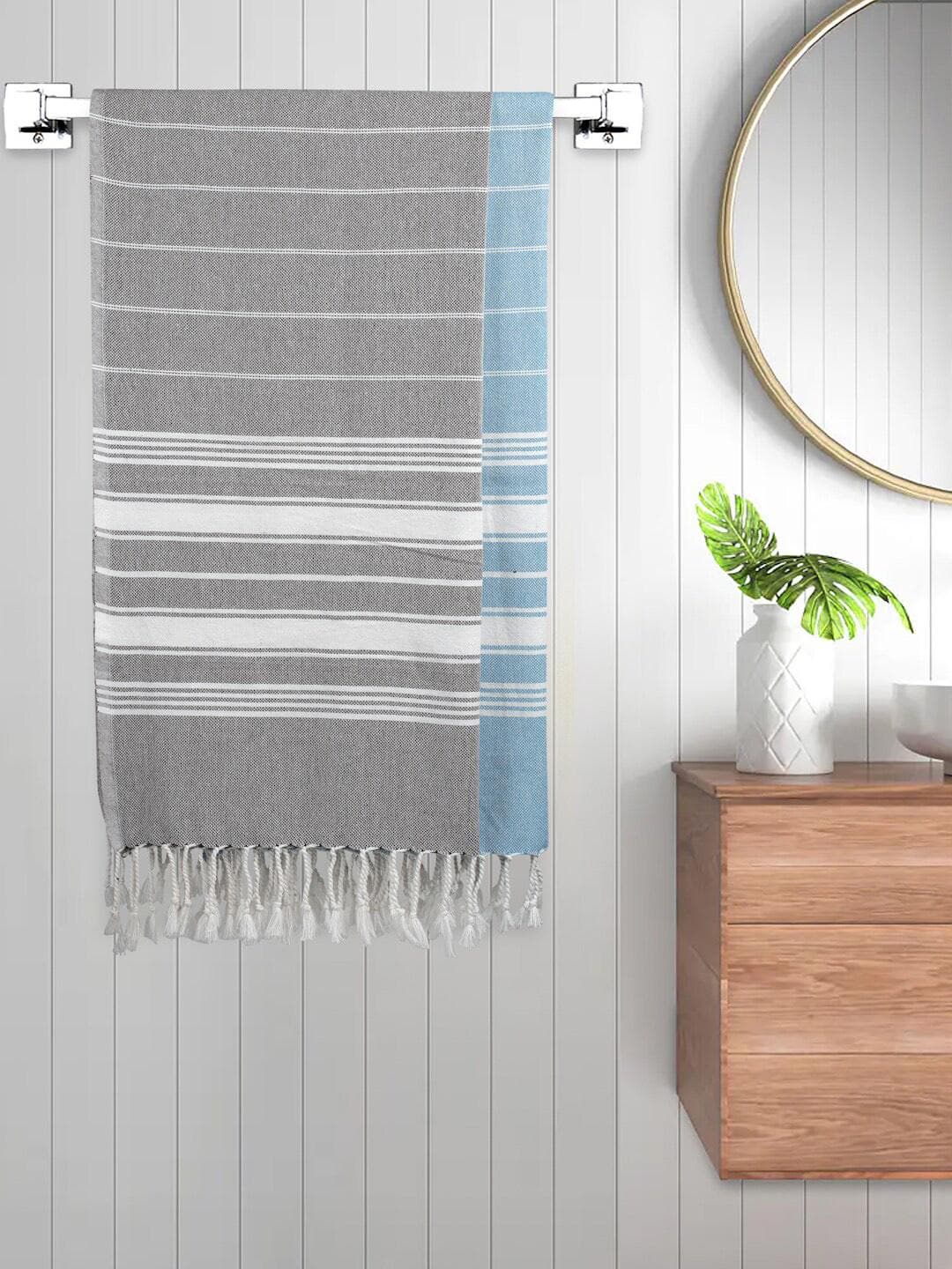 Buy FABINALIV Set Of 2 Grey & Blue Striped Printed 225 GSM Cotton Bath Towels - - Home for Unisex