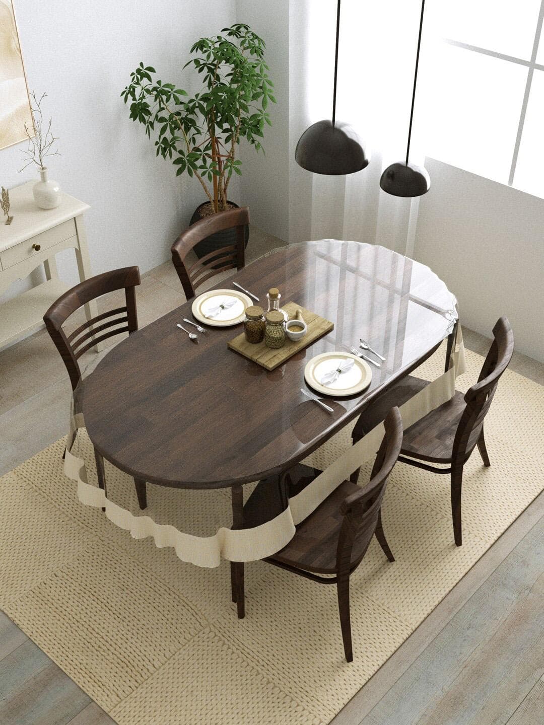 Clasiko Transparent & Cream Printed Border PVC Oval 4 Seater Table Cover
