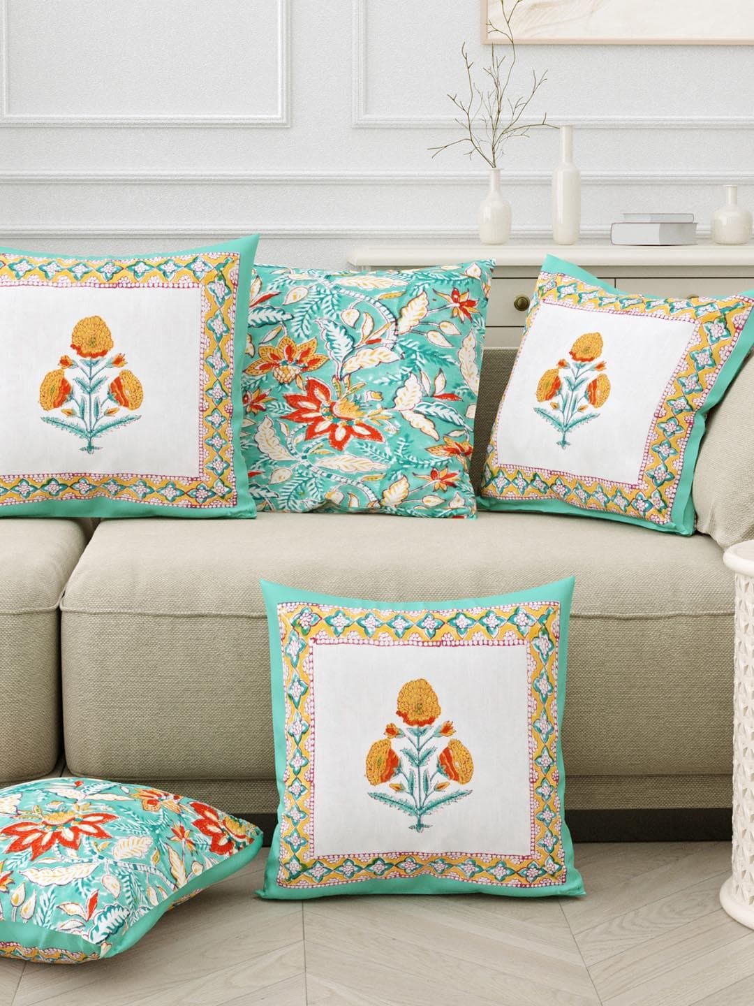 Sangria Green Ethnic Motifs Cotton 5 Piece Patchwork Square Cushion Covers -16x16In