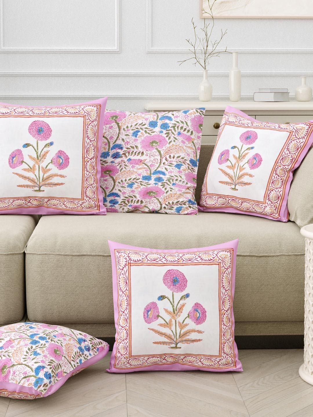 Sangria Purple Floral Cotton Durable 5 Piece Square Cushion Covers -16x16In