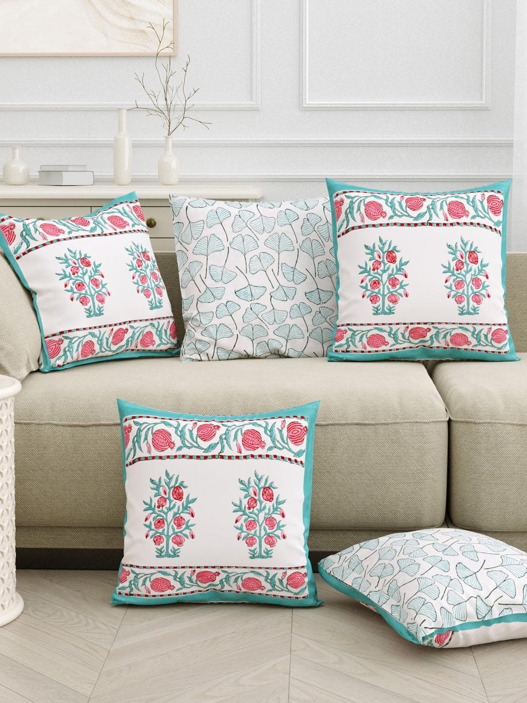 Sangria Green Ethnic Motifs Cotton Breathable 5 Piece Square Cushion Covers -16x16In