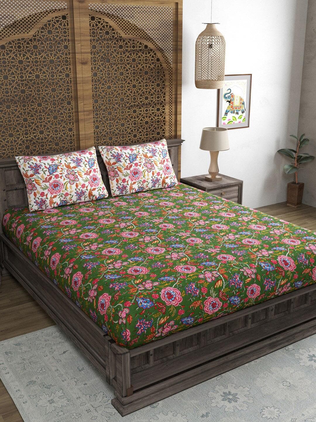 Sangria Green Floral Cotton 210 TC Fitted King Fine Bedsheet with 2 Pillow Covers-78 x 72 inches