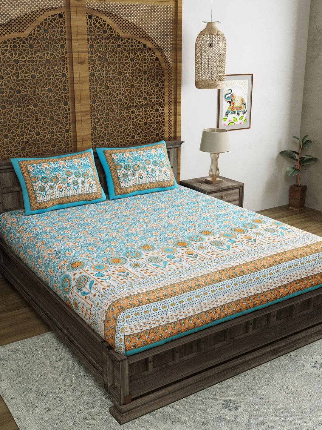 Sangria Blue Floral Cotton 210 TC Fitted King Fine Bedsheet with 2 Pillow Covers-78 x 72 inches