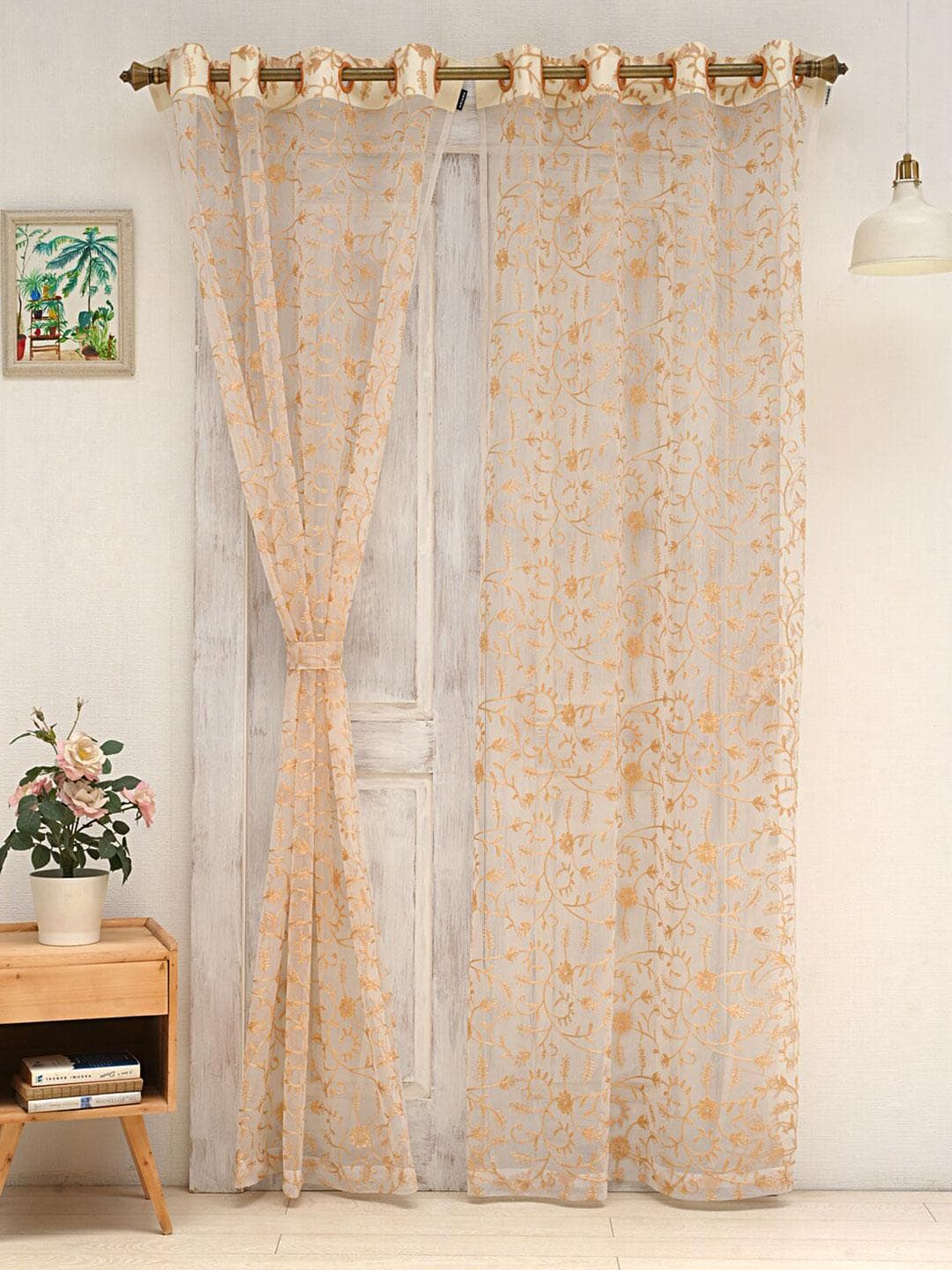 Ariana White & Gold-Toned Ethnic Motifs Sheer Long Door Curtain