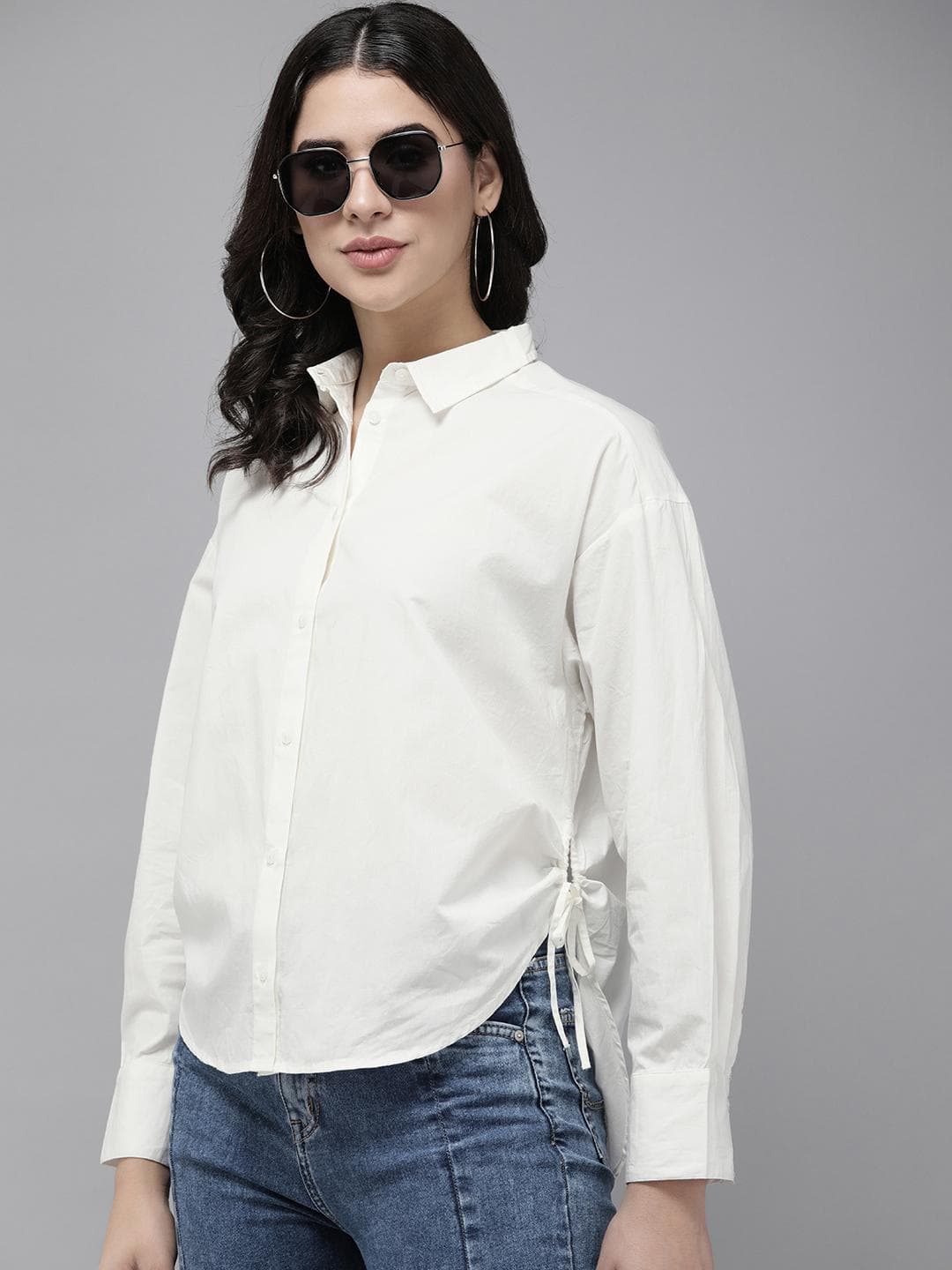 The Roadster Life Co. Solid Cotton Casual Shirt With Side Ruched Tie-up Detail