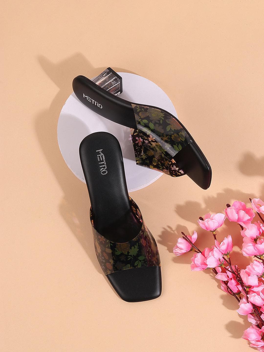 Metro Womens Black Printed Open Toe Block Heels