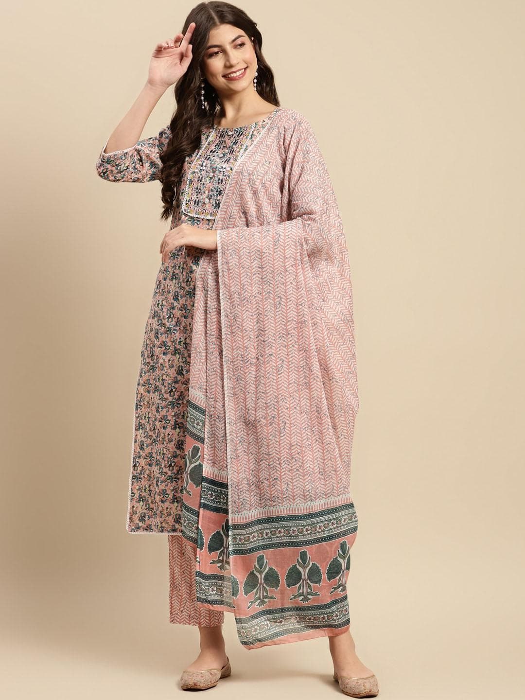 Sangria Peach & Blue Floral-Printed Pure-Cotton Straight Kurta With Trouser & Dupatta
