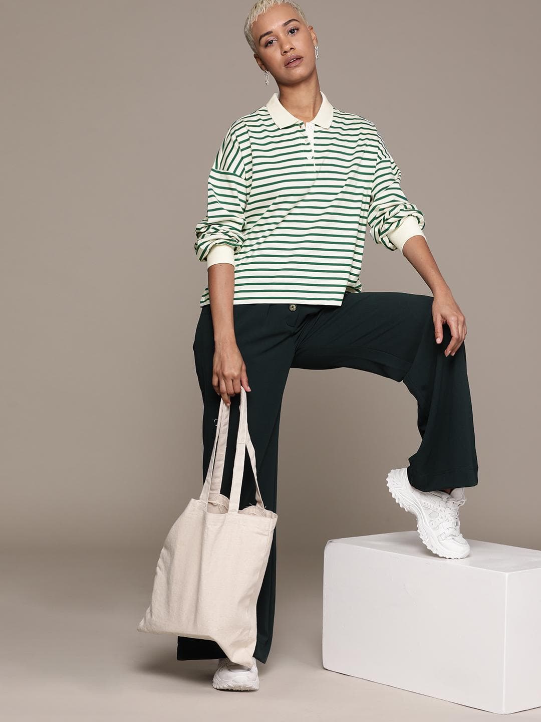 The Roadster Lifestyle Co. Striped Polo Collar Drop-Shoulder Sleeves Pure Cotton Relaxed Fit T-shirt