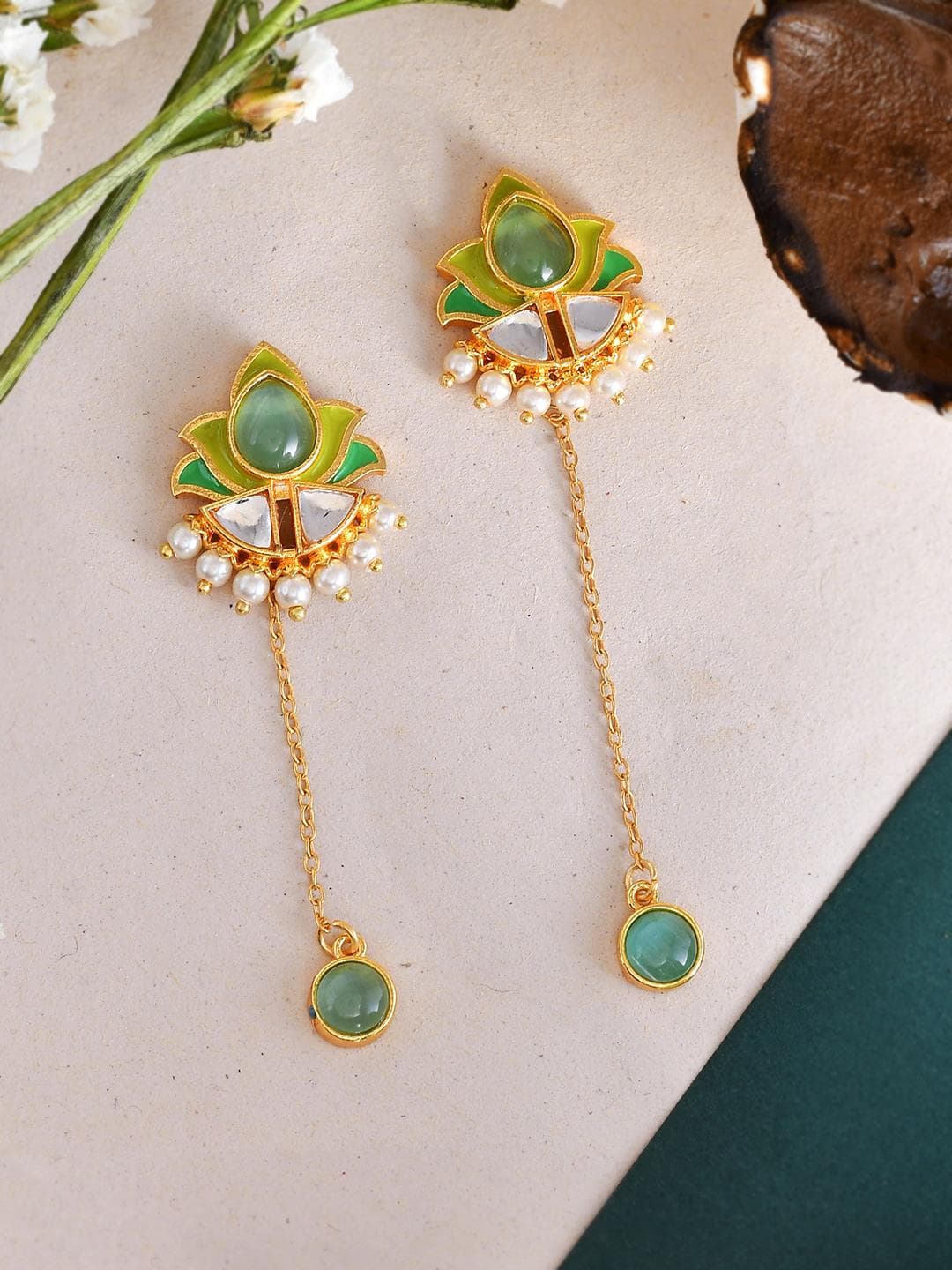 Buy Forever More Green Stones And Pearls Enamelled Drop Earrings - - Accessories for Women