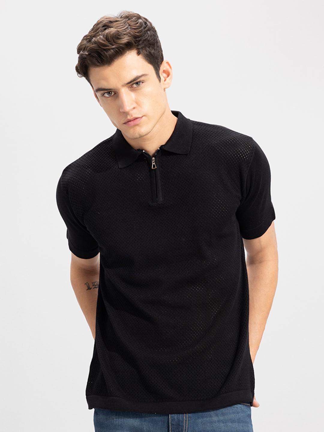 Snitch Black Polo Collar Self Design Slim Fit T-shirt