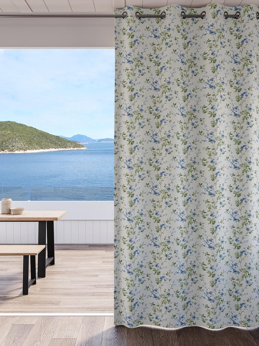 DDecor Blue & White Floral Room Darkening Long Door Curtain