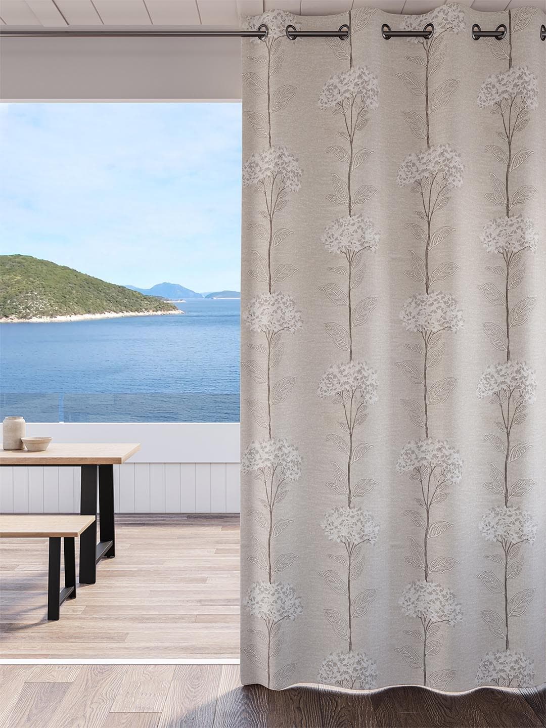 DDecor Beige & White Floral Room Darkening Long Door Curtain