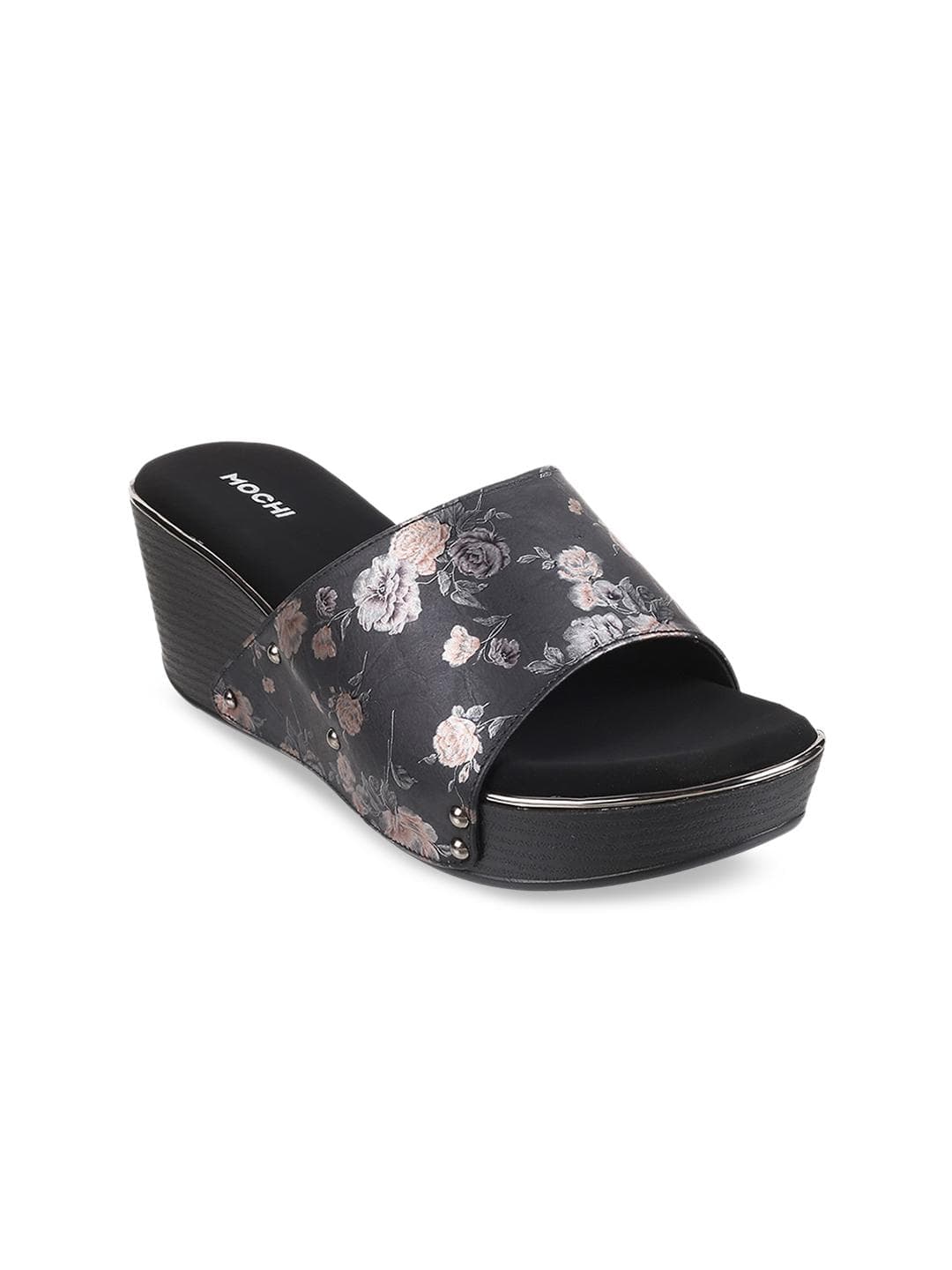 Mochi Womens Black Printed Open Toe Wedge Heels