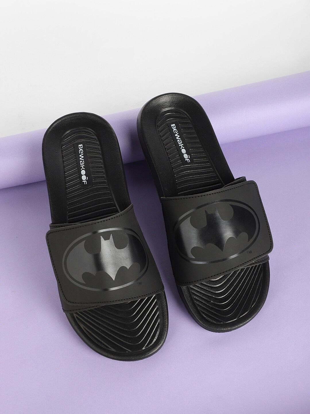 Bewakoof Men Black Batman Printed Sliders Velcro Flip Flops