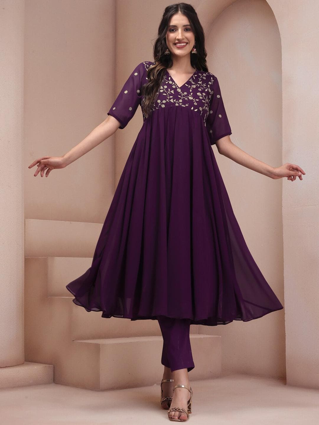 Inddus Mauve Floral Embroidered Georgette Anarkali Kurta with Trousers