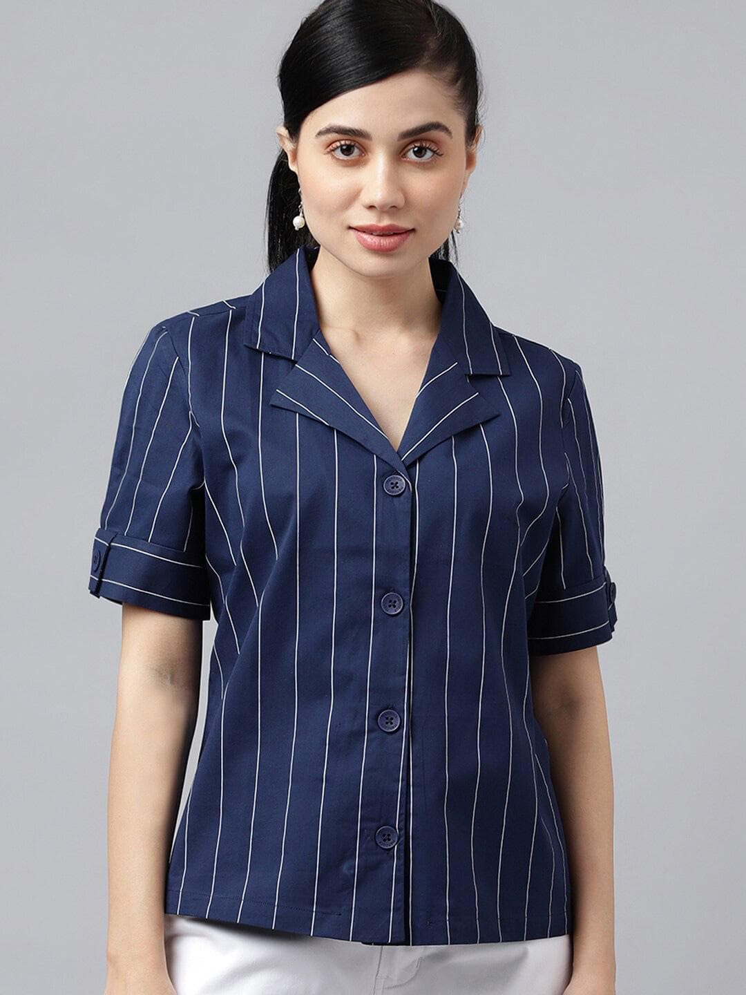 Hancock Cuban Collar Relaxed Striped Formal Pure Cotton Shirt