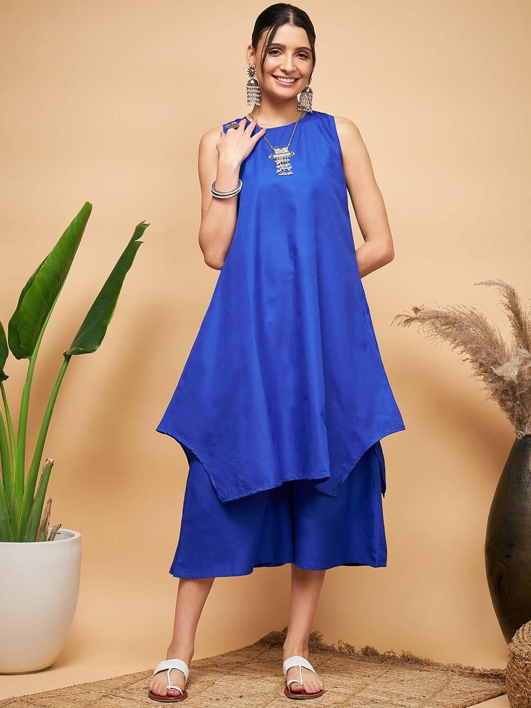 InWeave Blue Pure Cotton Fusion Kurta With Palazzos