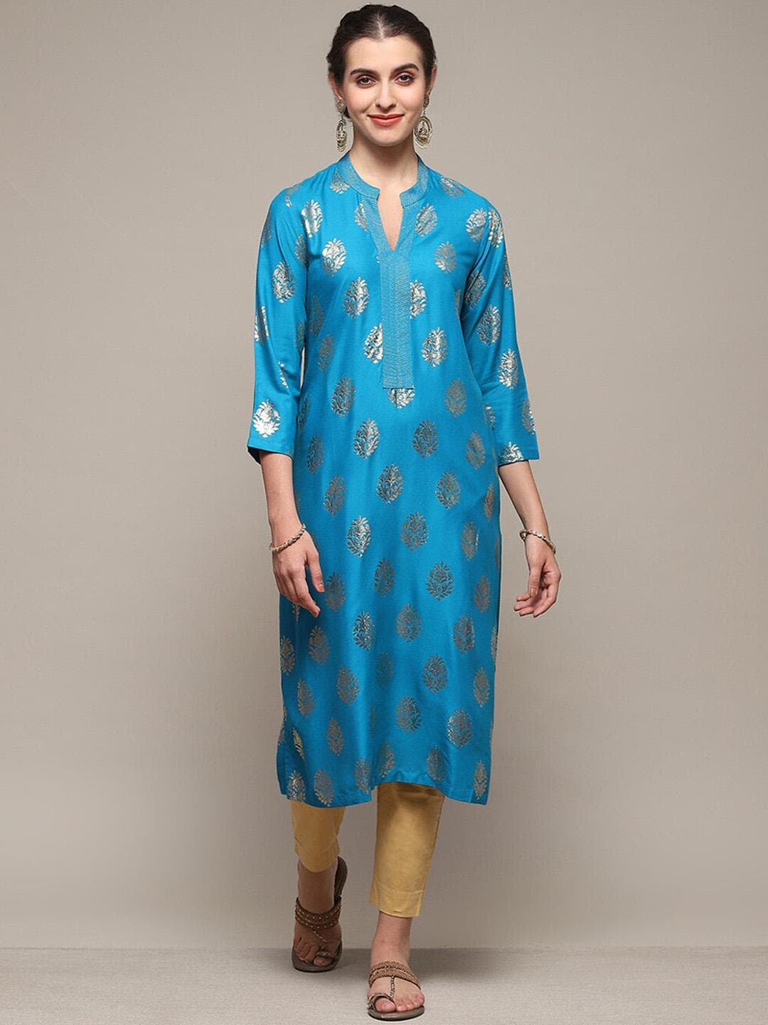 Biba Ethnic Motifs Printed V-Neck Zari Detail Straight Kurta