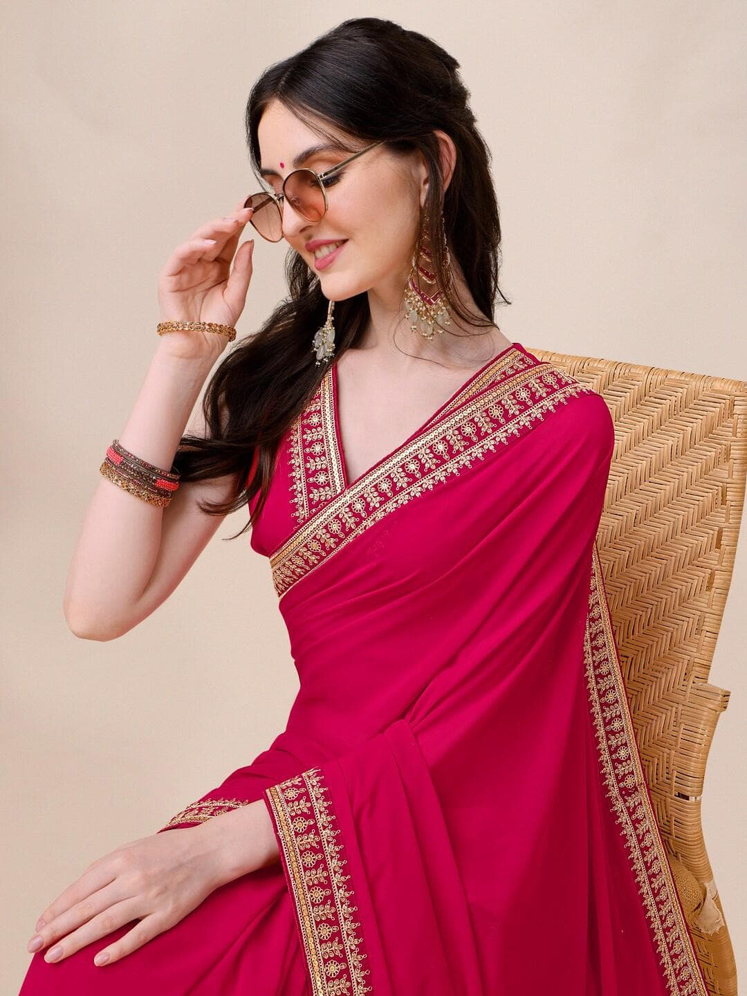 Sangria Women Sequinned Embroidered Border Saree with Blouse Piece