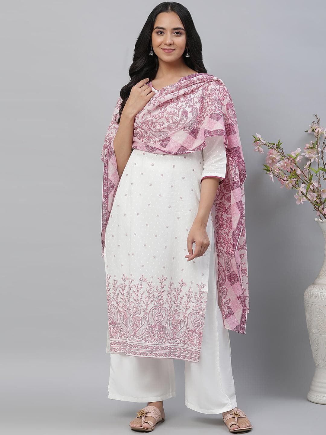 AURELIA Round Neck Floral Printed A-Line Cotton Kurta