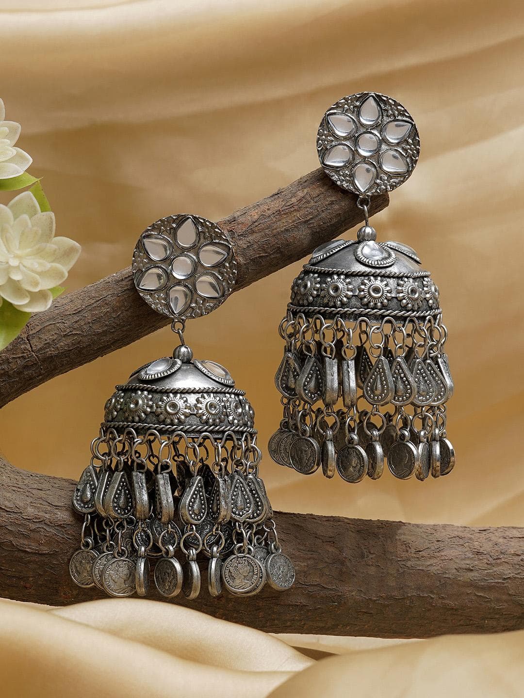 TEEJH Silver-Plated Dome Shaped Stone Studded Jhumkas Earrings